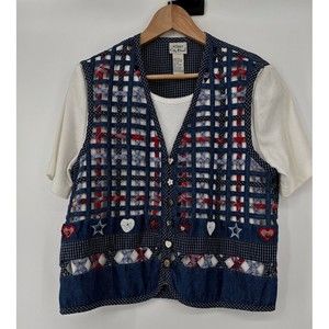Vintage Koret City Blues Vest Women's Size ‎ M Plus Blue Red Woven Quilted Denim